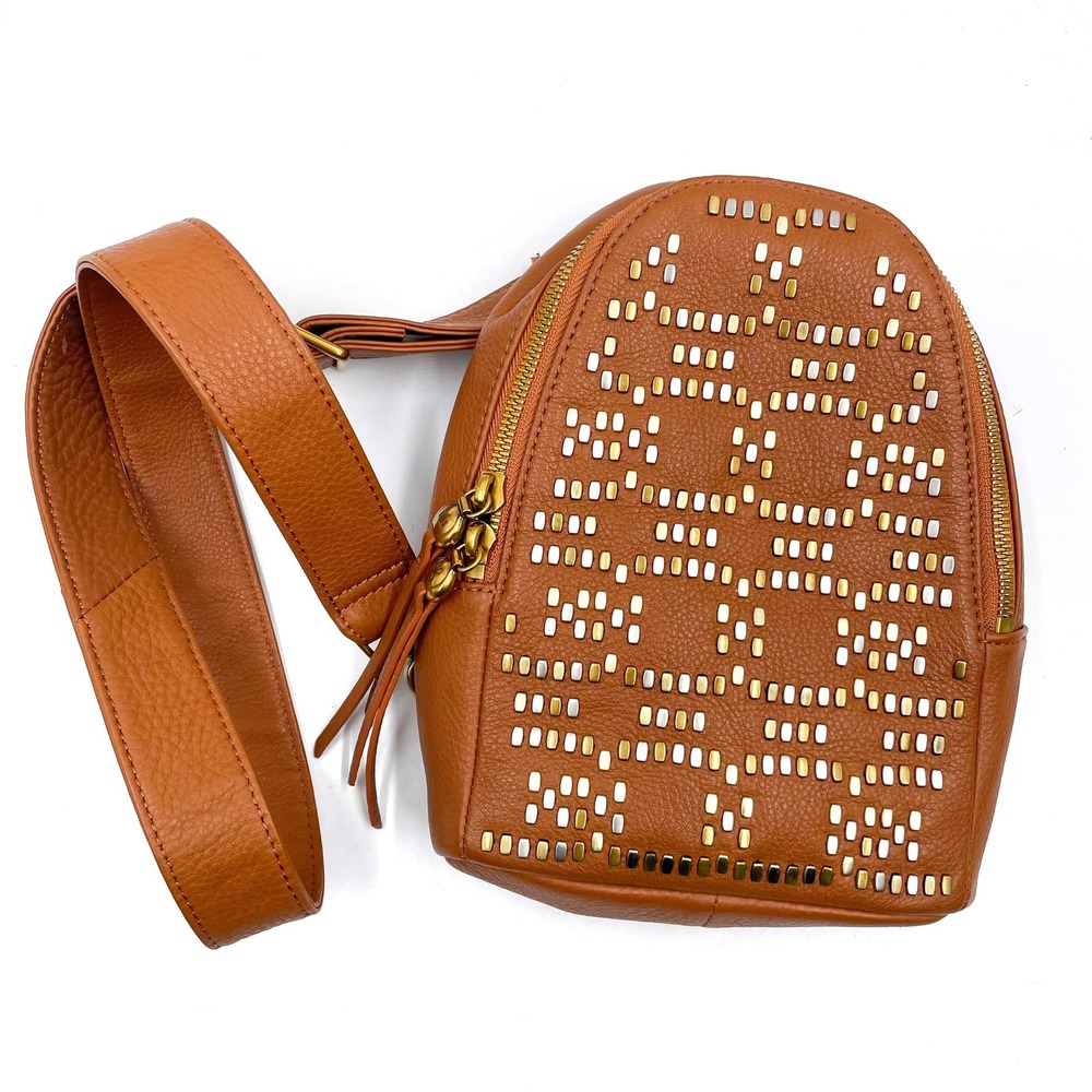 Fern Hobo Sling Bag Pebbled Leather Gold Studded Warm Honey Brown Small‎